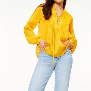 NWT Women rag & bone‎ Sachi Pleat Split Neck Top Saffron, Cotton Silk Blend | L